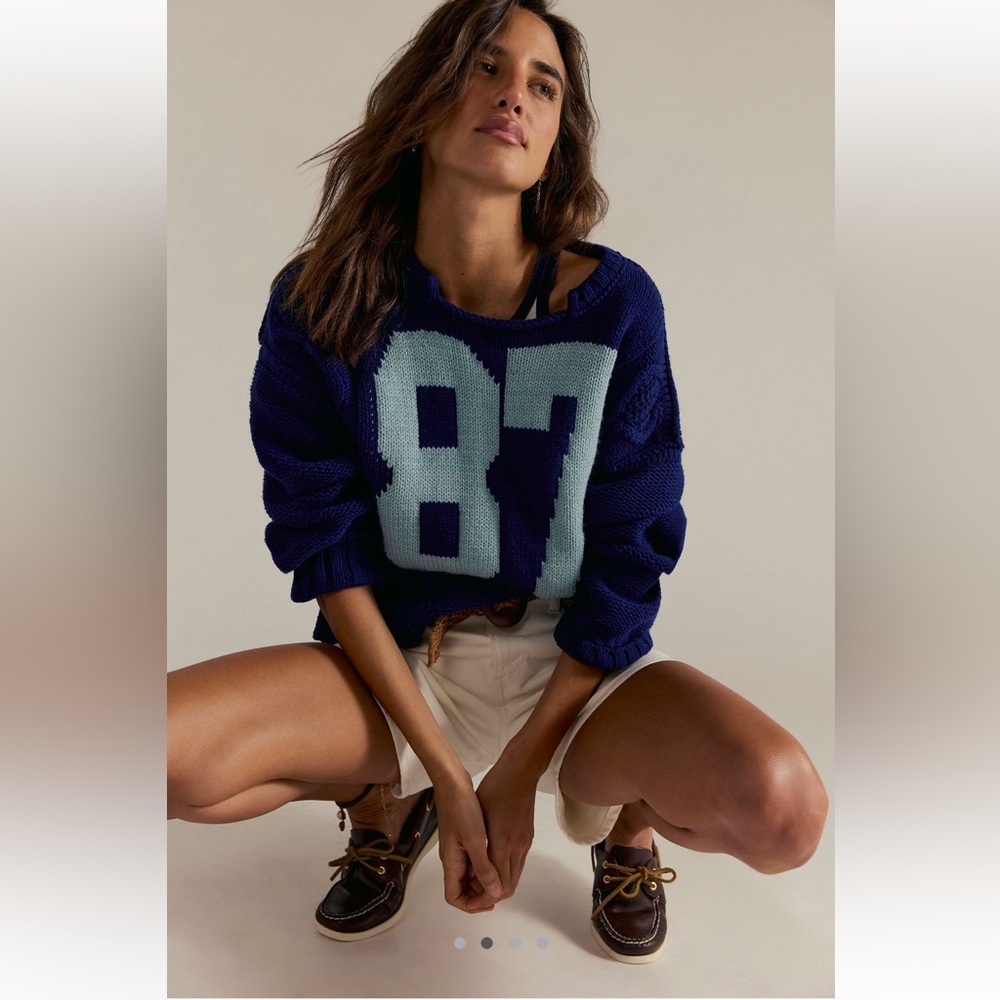 NWT FREE PEOPLE We The Free Midnight Blue Combo 87 Pullover Sweater SZ: L